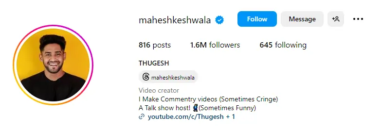 Thugesh Instagram Income