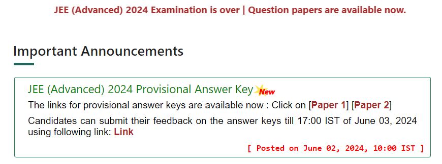 JEE Advanced 2024 Answer Key Released